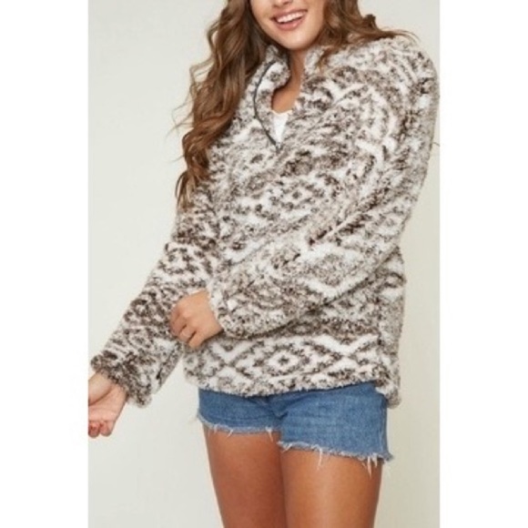 Brown Aztec Faux Sherpa Sweaters Jacket - Picture 2 of 2